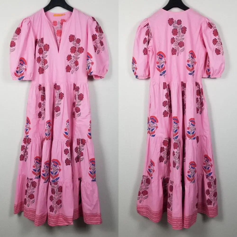 Oliphant Tuckernuck Boca Pink Puff Sleeve Midi Cotton Block Print Dress Size S - Picture 9 of 15